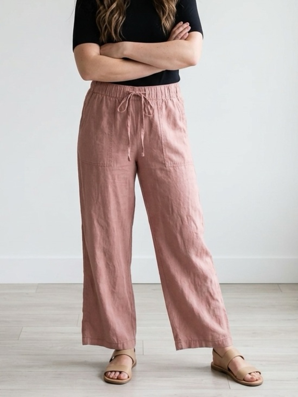 Linen Pull On Lounge Pants in Dusty Rose Mauve Size Small Medium Wide Leg Small